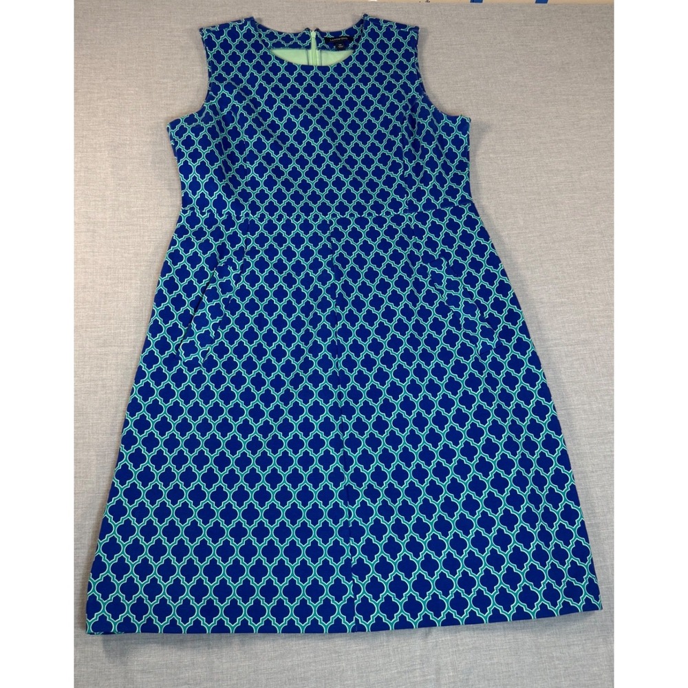 Lands End Womens Blue Green Quatrefoil Geometric Sleeveless Sheath Dress Size 14